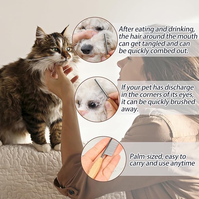 Small Dog Comb with Wooden Handle Dog Eyes&Mouth&Face Metal Comb Pet Fine Tooth Flea Comb Pet Grooming Tool for Dogs and Cats Gentle Remove Loose Hair Dirt Fleas