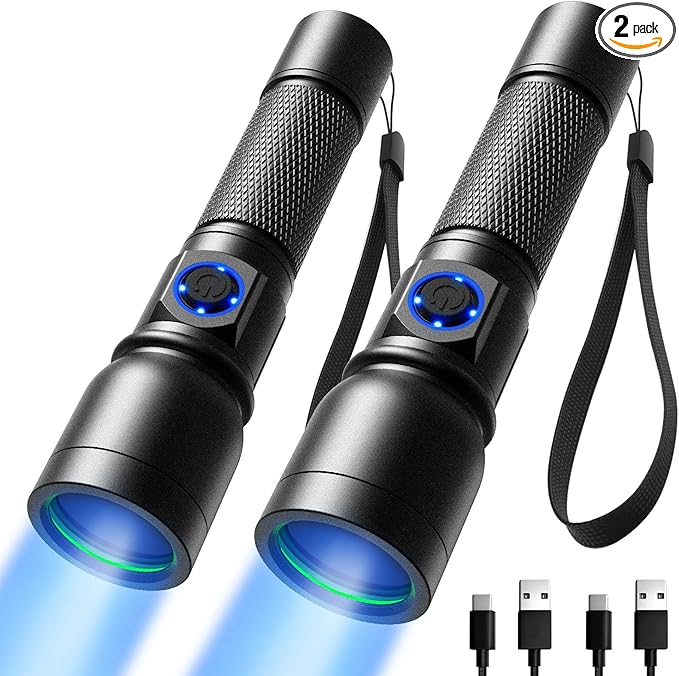 Consciot UV Flashlight Blacklight USB-C Rechargeable, 365nm LED Ultraviolet Light, Portable Woods Lamp for Pet Urine Detection, Dry Stains, Bed Bug, Curing Resin and Gel Nails, Yooperlites, 2 Pack