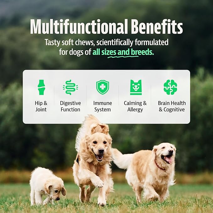 25-in-1 Dog Multivitamin with Omega 3, Glucosamine, Probiotics - Dog Vitamins and Supplements for Hip & Joint, Calming, Allergy Relief, Digestive & Immune Support - 100 Soft Chews, 250g