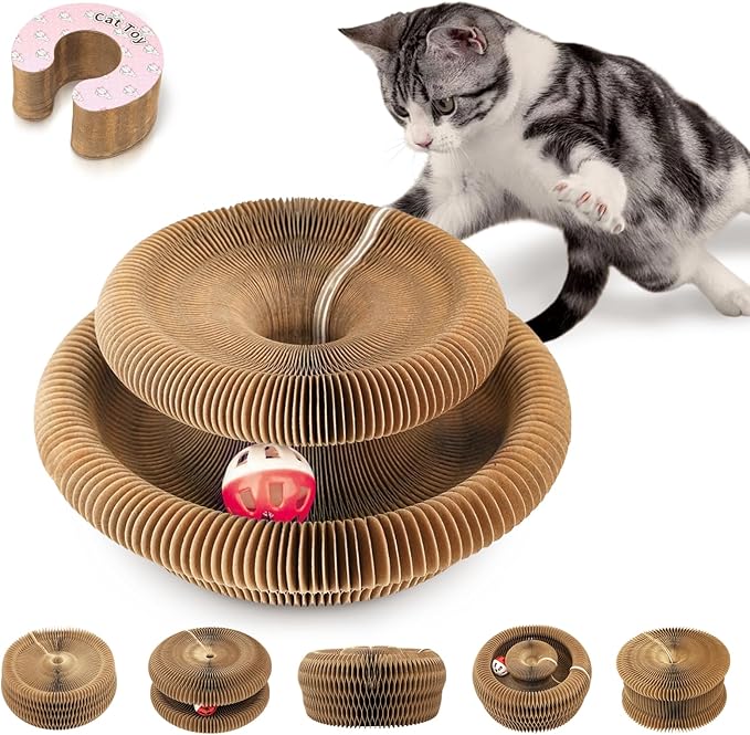 Collapsible Cats Cardboard Scratcher, Interactive Cat Toys for Indoor Cats, Scratch Pad Shape Shifting Ball Track with Bell, Magic Organ Cat Toy for Chase & Scratch Paw Toys for Kitties Pink