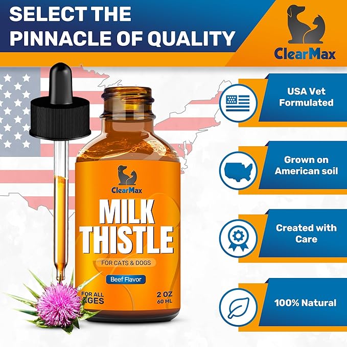 Milk Thistle for Dogs & Puppies – Liquid Supplement for Liver & Kidney Support – Milk Thistle for Cats & Kittens – Effective Digestion Care with Natural Beef Flavor & No Additives – 2 Oz Bottle