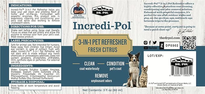Dr. Pol Incredi-Pol 3-in-1 Pet Refresher | Waterless Coat Cleaner & Conditioner | Pet Odor Eliminator | Fine Mist Spray for Dogs & Cats | Freshens, Cleans & Softens Fur | 3 oz | Fresh Citrus
