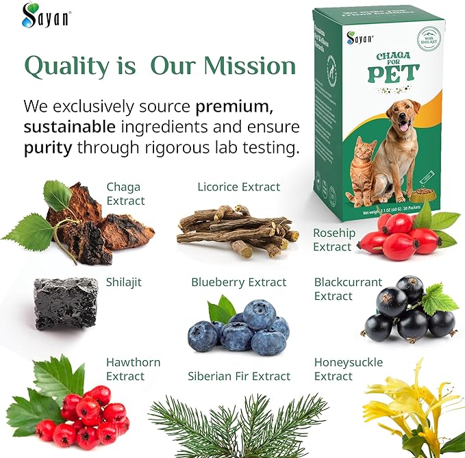 Sayan Chaga + Shilajit Pet Supplement (30 Sachets) – All-Natural Adaptogen Blend for Dogs & Cats – Immune, Joint, Energy & Digestive Support – Herbal Blend – 100% GMO-Free, Vet-Formulated