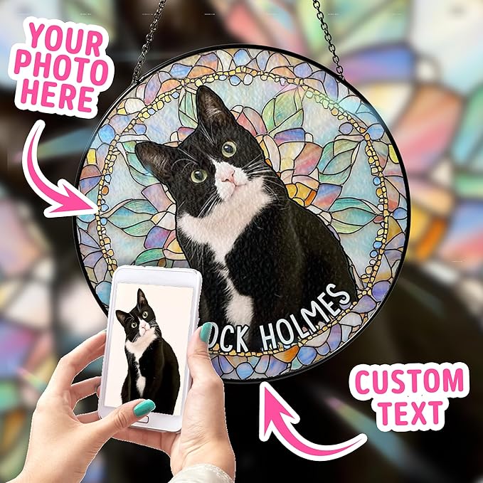 Custom Cat Portrait Art Suncatcher Stained Glass Window Hanging Remembrance Gift Indoor Decor Dog Bereavement Keepsake Loss of Pet Sympathy with Name Date Portrait