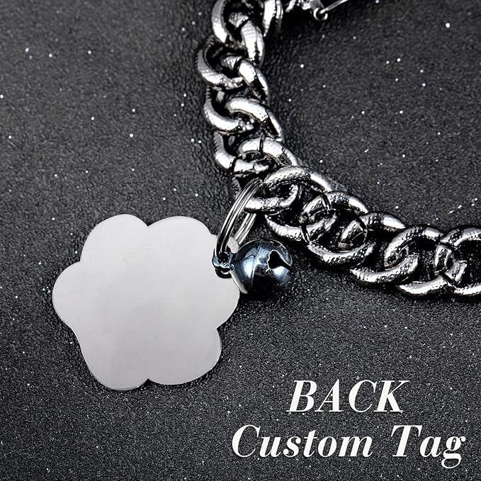 Hillban Cat Collar Diamond Chain Glitter Collar Walking Metal with Secure Buckle Cat Pet Necklace with Paw Charm and ID Tag Bell Link Cuban Jewelry Accessories Gift(8 Inch,Steel Black, White)