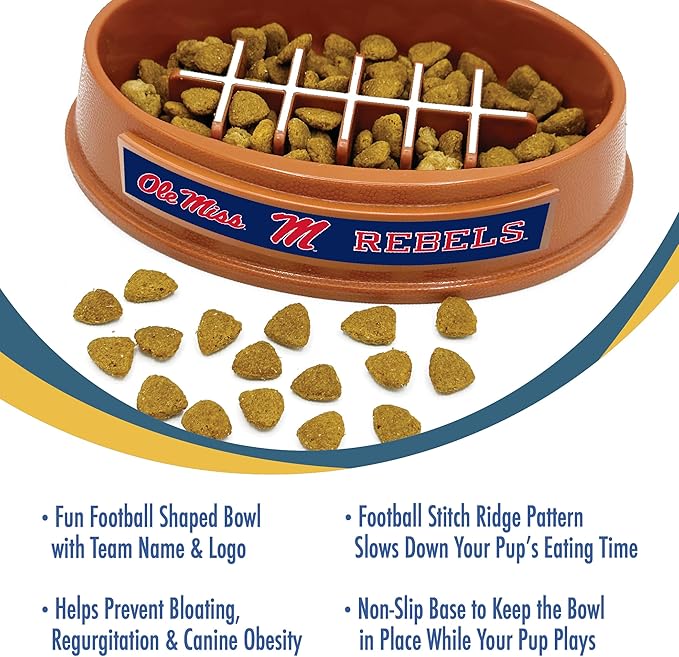 NCAA Super-Bowl - OLE Miss Rebels Slow Feeder Dog Bowl. Football Design Slow Feeding Cat Bowl for Healthy Digestion. Non-Slip Pet Bowl for Large & Small Dogs & Cats