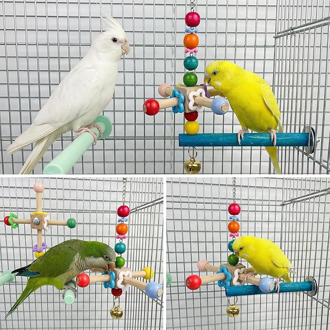2 Pcs Bird Spinner Toys for Parrots with Bells, Parrot Chewing Hanging Toys for Small and Medium Birds, Parakeet, Cockatiel, Conure, Lovebird, Budgie, Cage Toy