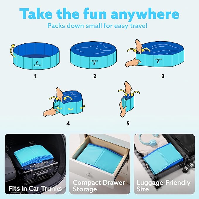 Sloosh Foldable Dog Kiddie Pool - Portable Hard Plastic Doggie Swimming Pool, Anti-Slip Collapsible Pets Bath Tub Suitable for Kids Indoor Outdoor Backyard Use (Blue, 32" x 8")