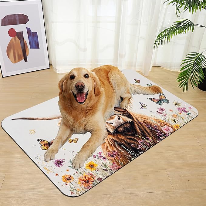 Highland Cow Butterfly Dog Food Mat–Christmas Stocking Absorbent Quick Dry Feeding Placemat for Food and Water Bowls, Non Slip Rubber Backing, Waterproof Pet Supplies for Mess-Free Eating 12"x20"