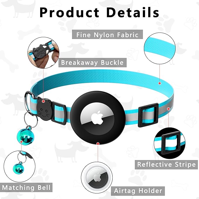 Cat Collar with Air Tag Holder, Reflective Kitten Collar with Bell, Breakaway Airtag Cat Collar for Boys Girls Cats, GPS Tracker for Cats 0.4’’ Width Adjustable Safe Kitty Collar, Lake Blue