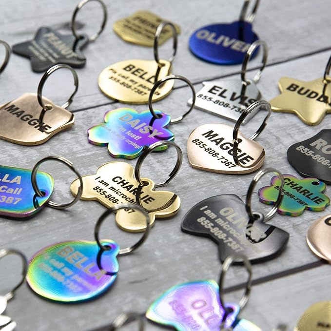 Engraved Dog Tags Personalized - Stainless Steel Engraved Dog Cat ID Tags Front & Back up to 8 Lines of Text Color Plating Gold, Rose Gold, Blue, Black, Nebula Bow-Tie Regular