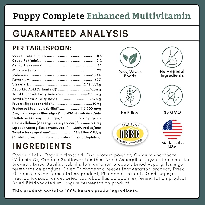 Wholistic Pet Organics Puppy Complete - Dog Multivitamin Powder - Daily Dog Vitamins and Supplements for Homemade Food - Immune System, Skin, Coat & Overall Health - All Breeds of Puppies - 45 Scoops
