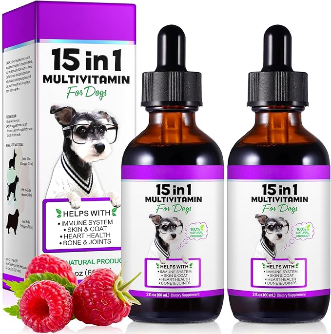 Dog Multivitamin Liquid - 15 in 1 Dog Vitamins Multivitamin, Support Skin & Coat, Heart, Bones and Joint Health, Pet Vitamins and Supplements (2 Fl Oz (Pack of 2))