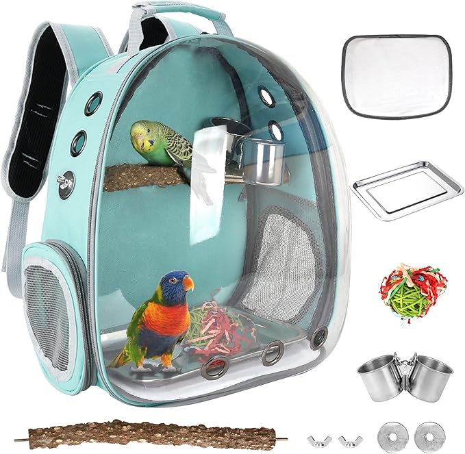 Bird Backpack, Bird Carrier Travel Cage with Perch, Portable Wildbird Carrier Bag, Parrot Parakeet Cockatiel Cage w/Toy Stainless Steel Food Bowl Tray for Conures Budgie Canary Lovebirds Small Animal