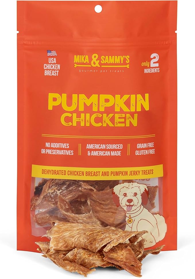 Gourmet Chicken Jerky Dog Treats Made in The USA. Cage-Free, No additives (Pumpkin Chicken 5 0z)