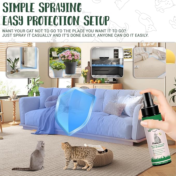 Cat Deterrent Spray (150ml/5.28oz), Natural Safe Cat Repellent Indoor and Outdoor, Protect Your Sofa, Carpet, Protect Your Sofa, Carpet, and Curtains from Your Beloved Cat's Accidents.