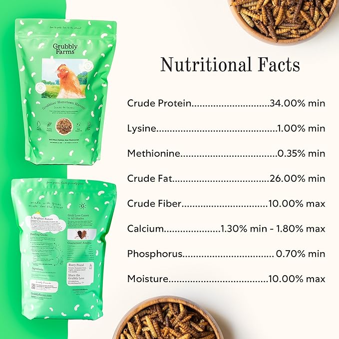 Grubbly Farms Grubblies - Black Soldier Fly Larvae for Chickens - Chicken Treats Grown in the US and Canada - for Strong Eggshells and Healthy Feathers - Grubblies Hometown Harvest 1LB