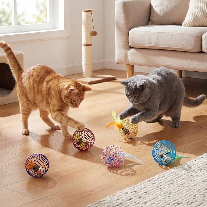Jecery 5 Pcs Cat Spring Balls Toys Stretchable Rolling Balls Colorful Playful Coils Interactive Action Toy Caged Rats for Kitten Pet Supplies (Bird,Multicolor)