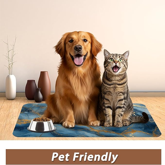 Marble Pet Feeding Mat,Blue Gold Marble Absorbent Quick-Dry Cat Dog Food and Water Bowl Mats,Non-Slip Rubber Backing Mat,Cat Dog Accessories Supplies 12"x20"