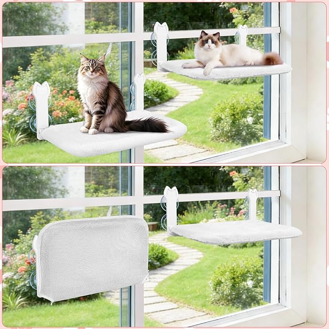 2 Pack Cat Window Perch,Cat Window Hammock Cordless Foldable Window Bed with 4 Large Strong Suction Cup,Reversible Cushion Cover,Metal Frame Easy to Adjust Window Seat Holds up to 40lbs(White，M