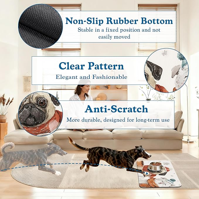 Chirstmas Dog Coffee Dog Cat Food Mat–Absorbent Waterproof Placemat for Food and Water Bowls, Non Slip Rubber Backing, Feeding Mat for Clean Floors 12"x20"