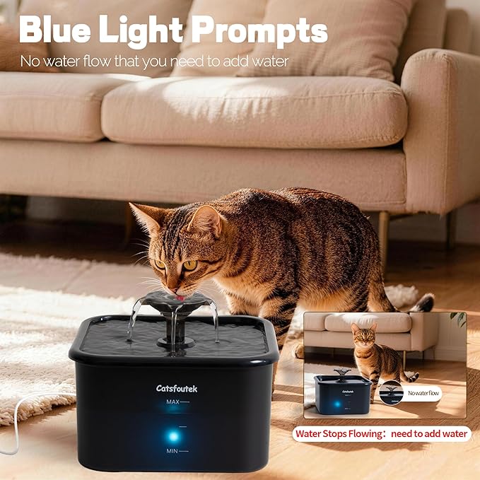 Cat Water Fountain, 74oz/2.2L Catsfoutek Pet Water Fountains for Cats Indoor, 12 Set of Filters Automatic Cat Water Dispenser with 2 Ultra Quiet Pump- for Pets and Small Animals, Black