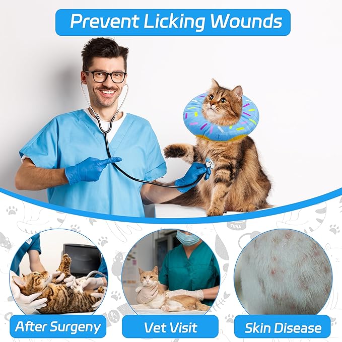 Seyezo Cat Cone Collar Soft,Adjustable Cat Recovery Collars Kitten Cones to Stop Licking, Cute Donut Neck Collar After Surgery, Elizabethan Kittens Protective Cones After Spay (Donut Blue, Large)