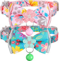 Cat Collar Breakaway, HYQHYX Floral Kitten Collar with Bell, Cute Cat Collar with Bow for Girl Boy Removable Bowtie (Pink + Green)