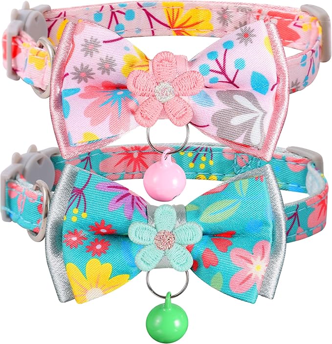 Cat Collar Breakaway, HYQHYX Floral Kitten Collar with Bell, Cute Cat Collar with Bow for Girl Boy Removable Bowtie (Pink + Green)