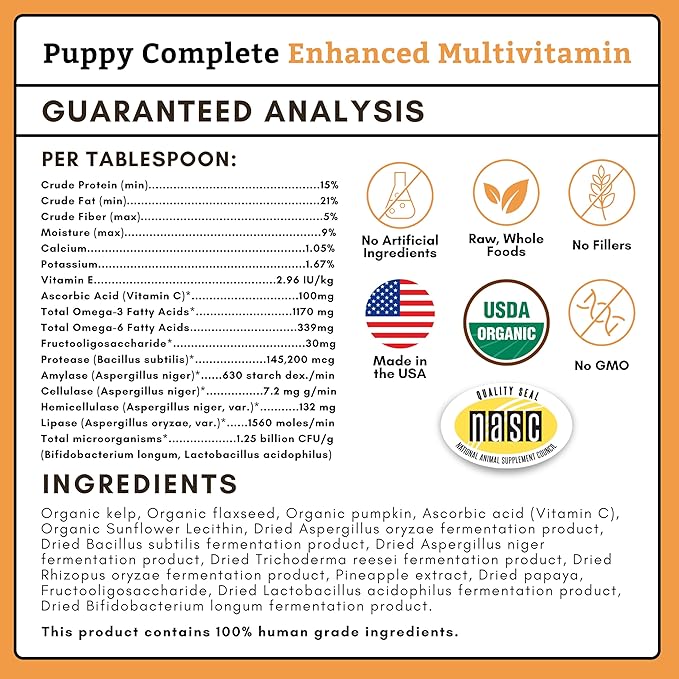 Wholistic Pet Organics Puppy Complete - Dog Multivitamin Powder - Daily Dog Vitamins and Supplements for Homemade Food - Immune System, Skin, Coat & Overall Health - All Breeds of Puppies - 22 Scoops