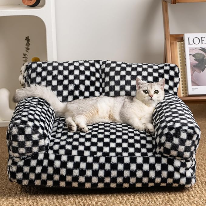 Faux Fur Cat & Dog Sofa Cat Couch Mini Cat Bed Indoor Human Style Pet Sofa, Modern Pet Furniture for Cats, Washable ＆ Removable Cover, for Cats and Small Medium Dogs (Black/White, Large(30X21 inch))