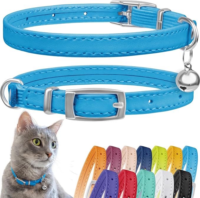 CollarDirect Leather Cat Collar with Bell - Kitten Collar, Small and Big Cat Collar for Boy Cats, Girl Cats with Safety Elastic Strap (Neck Fit 6"-7", Light Blue)