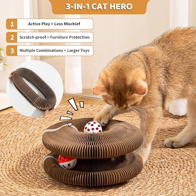 1 Pack Cat Scratcher Toy with Balls Bells, Magic Organ Foldable Cat Scratching Board for Kitten, Interactive Toys for Indoor Adult Cats Exercise Anxiety Relief, Auburn