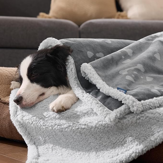 Bedsure Waterproof Blanket for Bed - Soft Print Sherpa Fleece Pet Cat Dog Blankets for Large Dogs Couch Protection, Soft Plush Reversible Furniture Protector, Twin Size, 60"x80", Smokey Grey