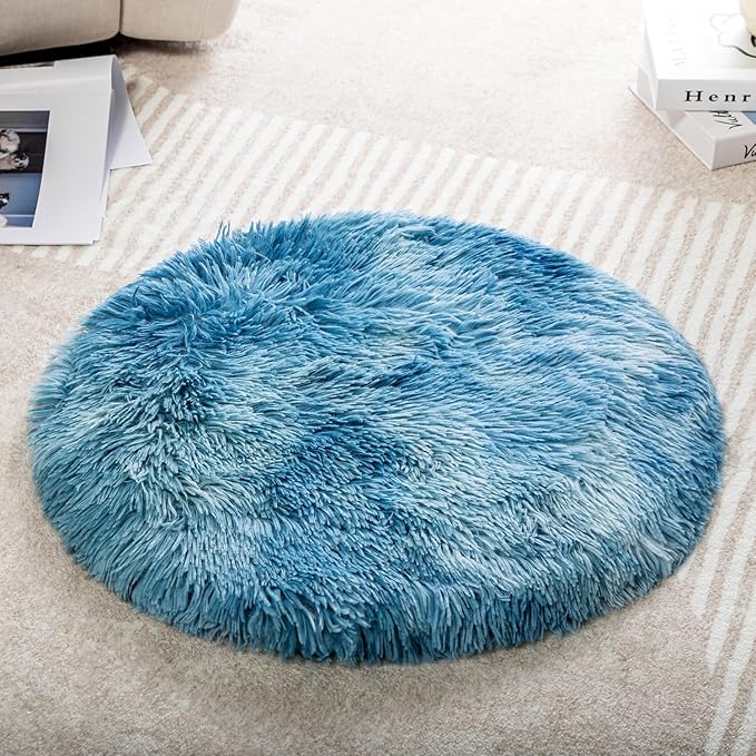 Round Plush Pet Mat Thin Style Pad Mat for Cats, Small Dogs, Rabbits, Guinea Pigs, Washable Soft Sofa mat, for Crate Cat Tree Tower Window Perch (Blue, Medium (19.7inch) - 1pcs)