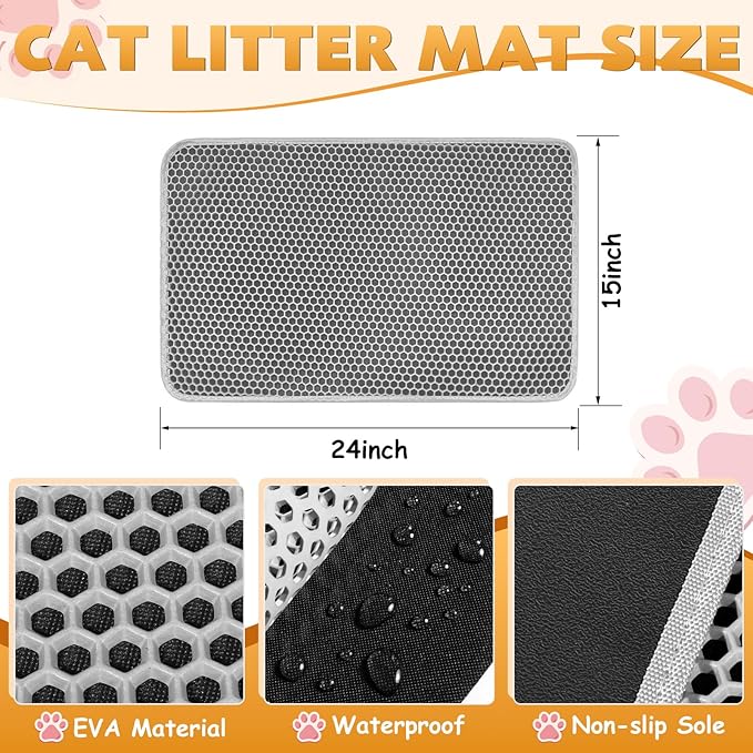 Cat Litter Mat, Honeycomb Double Layer Waterproof & Urine Resistant Non-Slip Litter Trapping, Easy Clean Washable Scatter Control for Litter Box (Gray, 24x15 Inch)