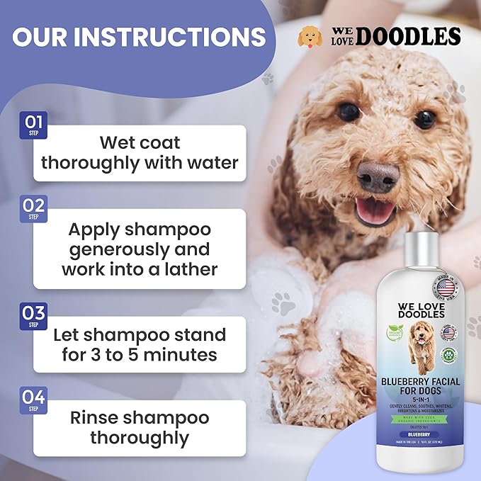 Blueberry Facial Dog Shampoo - Dog Tear Stain Remover, Brightens & Whitens Coat, Cleans & Deodorizes, Tearless, 16:1 Concentrated, 16 oz [We Love Doodles]