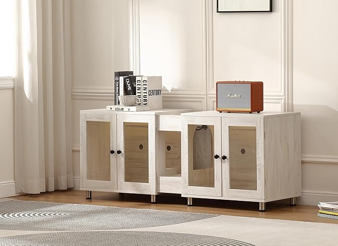 Double Cat Litter Box Enclosure for 2 Cats,Modern Double Litter Box Furniture with 7 Colors Lighting and Power Outlet,Large Cozy Cat Home,4 Glass Doors for Better Viewing, (White)