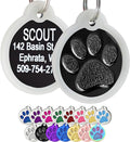 GoTags Paw Print Round Stainless Steel Pet Tag for Dogs and Cats, Personalized with 4 Lines of Custom Engraved ID Name and Number, in Stainless Steel and 15 Colors Small and Large, Black