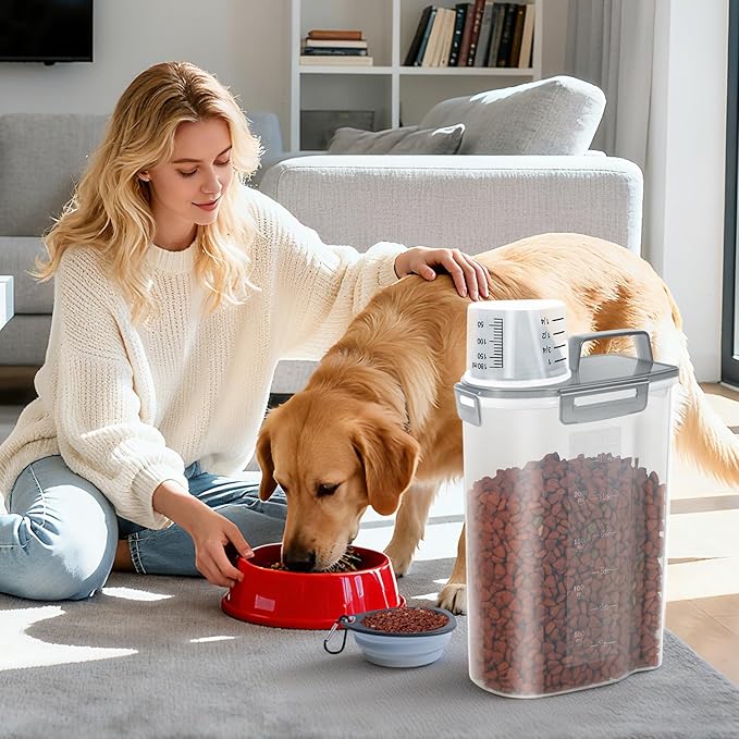 3-5Lbs Airtight Small Cat Dog Pet Food Storage Containers BPA Free, with Large Pour Spout/1 Measuring Cup/ 4 Safety Locks and Double-layer Silicone Strip (Clear Grey 2Pack)