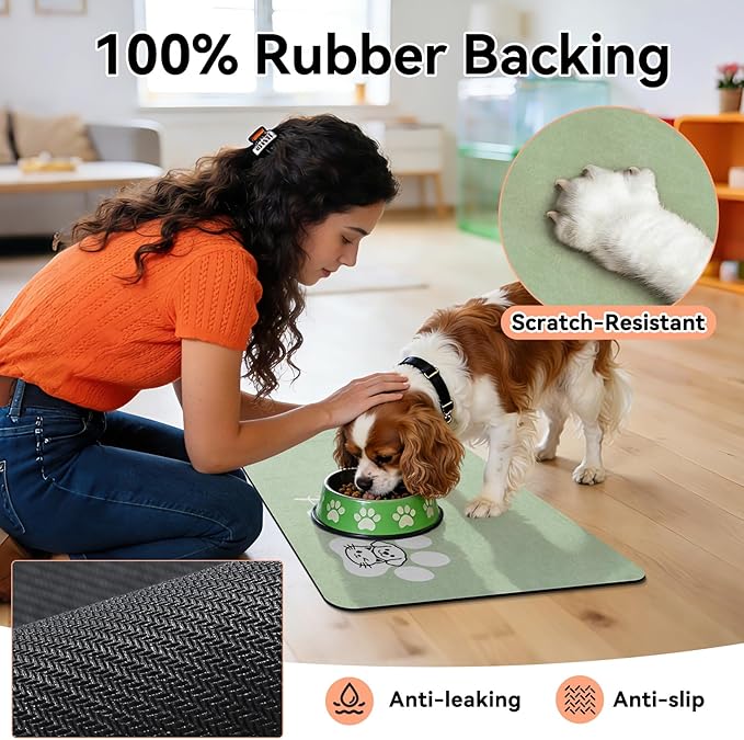 Dog Cat Feeding Mat-Absorbent Pet Bowl Mat for Food and Water, Quick Dry Water Dispenser Mat for Floors with Waterproof Rubber Backing, Puppy Cat Placemat Mats for Messy Drinkers,12"x20",Sage Green