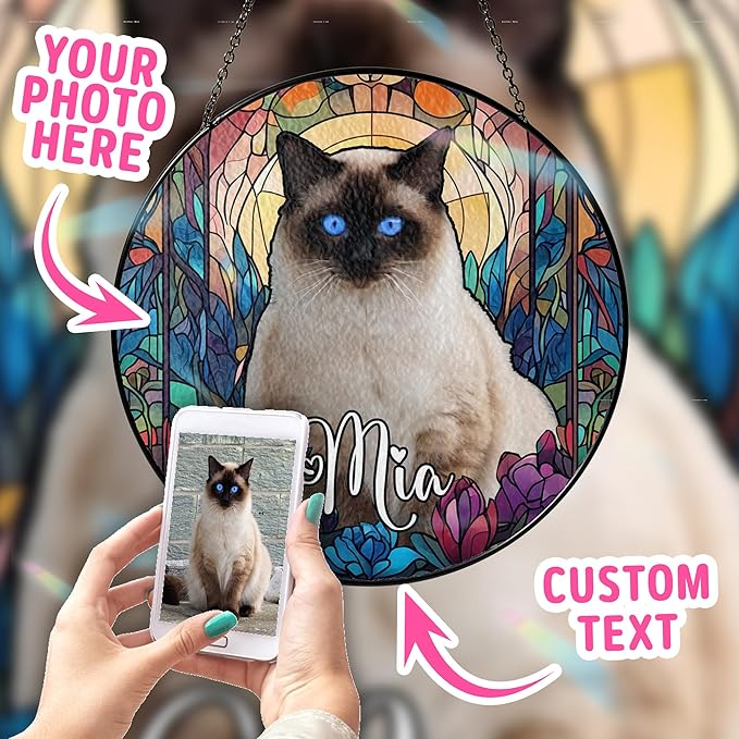 Custom Cat Dog Portrait Art Suncatcher Stained Glass Window Hanging Remembrance Gift Indoor Decor Dog Bereavement Keepsake Loss of Pet Sympathy with Name Date Portrait