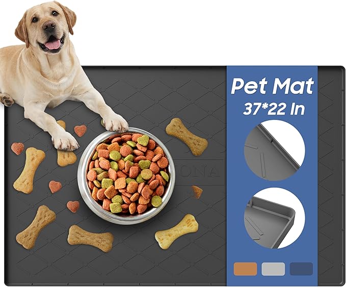 URMONA Large Dog Food Mat, 37" x 22" Pet Food Mat, Waterproof Dog Cat Food Mat with Raised Edges, Silicone Pet Food Mat, Dog Accessories, Prevents Food Spills, Protects Floors, Easy to Clean Fast