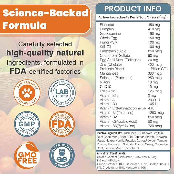 24-in-1 Dog Vitamins and Supplements 200 Ct Dogs Multivitamin Chewable Contain Chondroitin Probiotics Omega-3 Glucosamine for Dogs Skin Coat Heart Joint Gut Liver Brain Immune Support - Peanut Butter