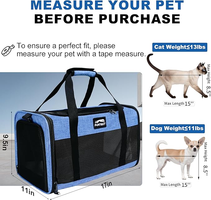 TSA Approved Pet Carrier for Kitten and Puppy, Cat Carrier Soft Fits Pets up to 13 lbs, Dogs Travel Bag with Bowl Foldable, Ideal for Travel, Car Rides, and Vet Visits, Dark Blue