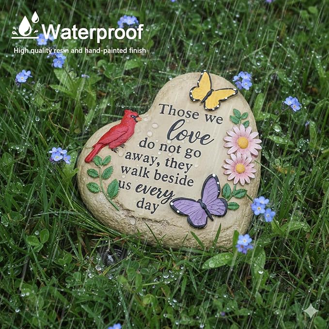 Memorial Garden Stone Cardinal Sympathy Gifts with Butterfly Flowers, in Memory of Loved One Gifts for Mother Father Cemetery Decorations for Grave Waterproof 6 inch