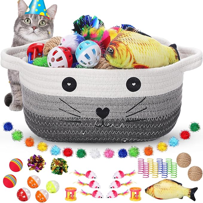 Zopeal 58 Pcs Valentine's Day Cat Storage Basket Gift Toys Set, Colorful Flashing Balls Pet Bell Crinkle Balls Spring Toys Attract Cat to Swat, Hunt, Interactive for Pet(Multicolor,9.8 Inch)
