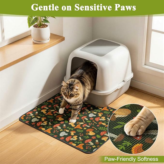 Unicorn Catcher 24X15in Cat Litter Mat Machine Washable Soft 3D Air Mesh Litter Box Rug Non-Slip Backing Quick Dry Scatter Control for Paws,Green Mushrooms