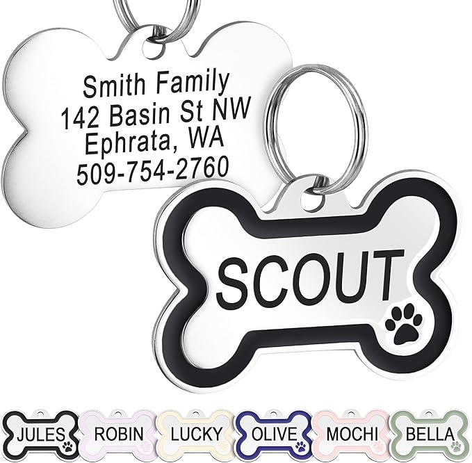 GoTags Stainless Steel Pet ID Bone Round and Heart Shaped Tags with Enamel Paw Design, Personalized Dog and Cat Tags, up to 5 Lines of Custom Text, Engraved on Both Sides (Charcoal, Small Bone)