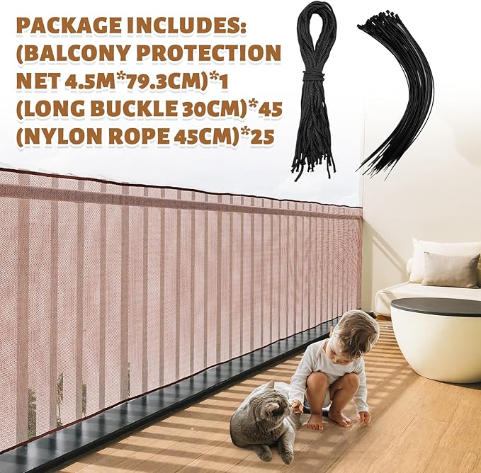 Hosuly Banister Guard 15 x 2.6 ft Balcony Netting for Kids Pets Stairway Safety Net Baby Fence Door Balcony Netting Safety Mesh Stair Net with No Drilling for Apartment Railing(Brown)